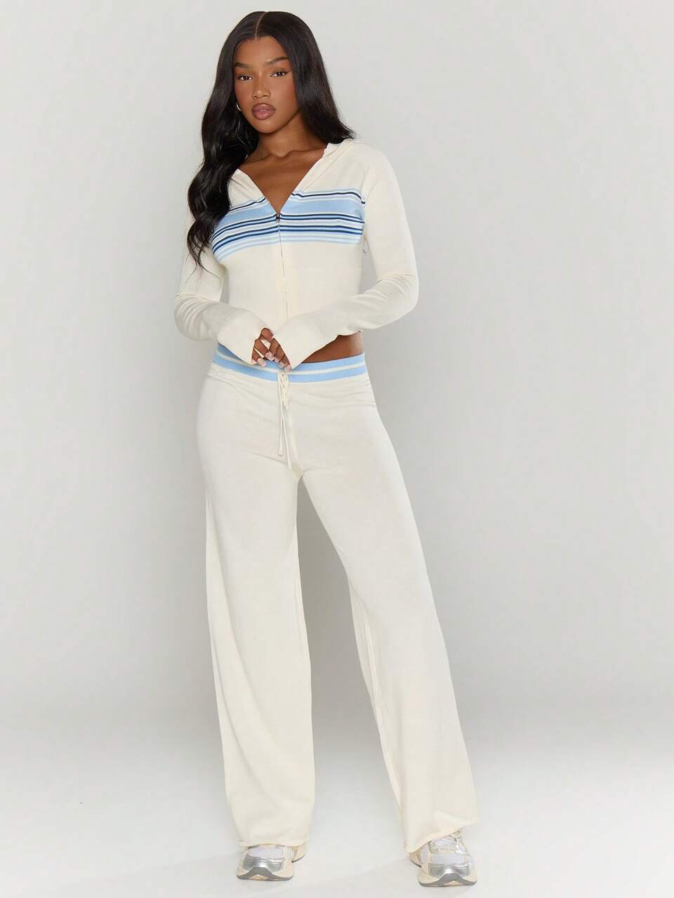 Knit Striped Fitted Hoodie Tracksuit Top Only Winter Cosy Casual Loungewear Evening Party Elegant Spring Sweater