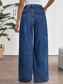 SHEIN 孕妇休闲水洗阔腿牛仔裤 - 深色水洗藍 - 查看 2