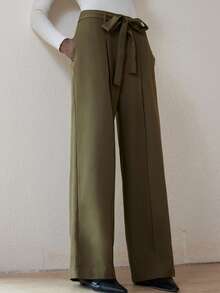 Aveloria Modichic Pantalones anchos de cintura versátiles con diseño retro y elegante para el transporte diario - Verde militar - View 4