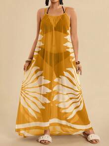 SHEIN TRVLCHIC Áo choàng dài in họa tiết nhiệt đới thoải mái, rộng rãi, không tay, cỡ lớn dành cho nữ - Màu vàng - Xem 6