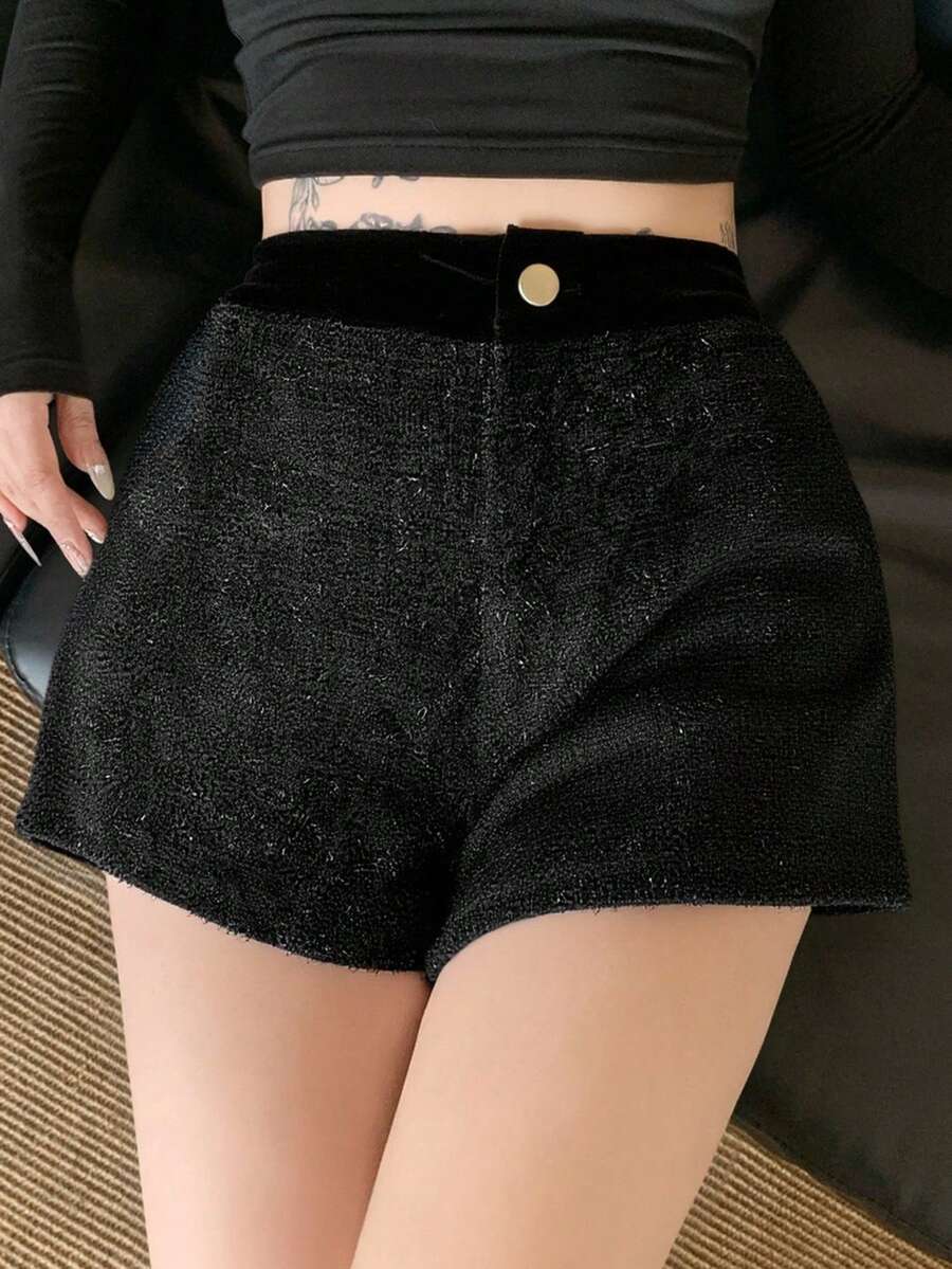 FRIFUL 女士休闲日常通勤简约撞色短裤 - 黑色 - 查看 1