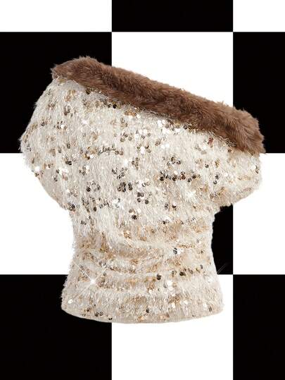 Y2Kool Blusa de fiesta y vacaciones de un solo hombro con mangas, de una sola pieza, con lentejuelas en crema y marrón, de estilo Y2K, de la nueva colección de ropa de moda para Año Nuevo