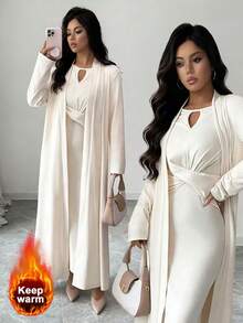 Elenzga Round Neck Hollow Out Brushed Knit Ribbed Autumn/Winter Warm Bodycon Waist Design Dress Long Sleeve, Can Be Worn Inside Or Outside, Shawl Collar Open Front Loose Long Cardigan, Elegant French Style Commuting & Date 2-Piece Set For Women