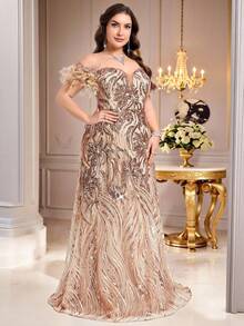 Coutiva 优雅秋冬格子热纹水钻方领长袖下摆大号 A 字形舞会礼服，适合婚礼宾客、正式晚宴、毕业典礼、圣诞节礼服