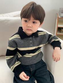 DAZY Baby Boy Striped Polo Neck Long Sleeve Casual Sweater, Autumn/Winter - Grey - View 8
