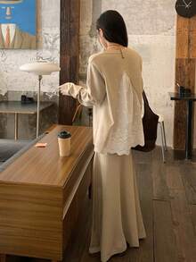 DAZY Women's Crew Neck Lace Patchwork Sweater Long Sleeve & Skirt 2 Pieces Set - Khaki - View 4