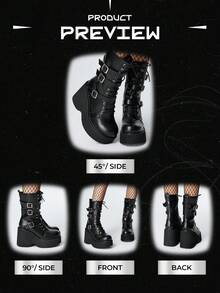 ROMWE Goth Bottes mi-mollet style punk à semelle épaisse et plateforme, noires mates pour femmes. Bottes de combat confortables avec bout rond, boucle métallique et décoration, style gothique. Idéal pour Halloween