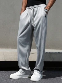 Manfinity EMRG Men's Casual Solid Color Drawstring Waist Sweatpants Loose Straight Leg Grey Summer Baggy Gym Oversized Pants Streetwear - Light Grey - View 8