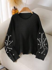 CosyJoli Plus Size Casual Round Neck Fitted Embroidered Floral Pullover Sweater/Winter
