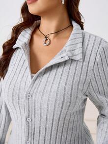 SHEIN EZwear 2-Piece Autumn Loungewear Set,Plus Size Curve Ribbed Knit Shirt Collar Cardigan & Slim Flare Pants,Plain Grey Fuzzy Texture Smart Casual Fashion - Grey - View 7