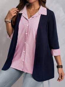 EMERY ROSE Camisa casual de talla grande a rayas y patchwork, otoño - Rojo - Ver 4