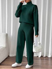 EMERY ROSE 2件套休闲纯色立领毛衣和针织裤，秋冬 - 墨綠色 - 查看 5