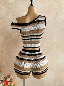 Soleia New Back To School Casual Resort Western Beach Wedding Guest Attire Graduation Brunch Women's Outfit, St. Patrick's Day Spring Break Easter Music Festival Elegant Bohemian Tropical Chic Asymmetrical Shoulder Striped Knit Two Pieces Set