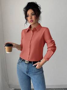 Elenzga Women's Solid Color Minimalist Long Sleeve Shirt, Casual Everyday Wear - Redwood - View 6