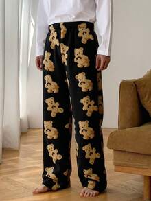 DAZY 男士保暖加厚蓬松舒适睡裤，黑色底黄色小熊图案，适合秋冬季穿着 - 黑色 - 查看 5