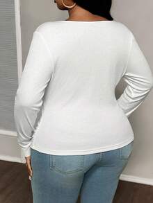 Slaydiva Plus Size Casual All-Match White  Slim Fit With Deep U-Neck Long Sleeve T Shirt-C - White - View 2