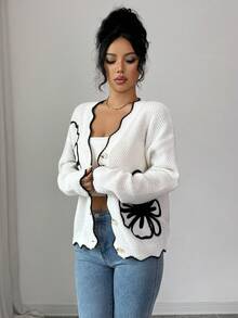 SHEIN Elenzya Chaqueta de punto de mujer con cuello en V estilo retro francés, bordado 3D negro + dobladillo ondulado de contraste de ajuste ceñido de un solo botonadura