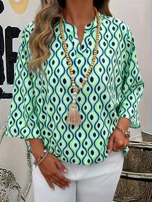 SHEIN CURVE+ Chemise décontractée élégante à imprimé floral pour femmes grandes tailles, tissu confortable, manches 3/4, coupe régulière, vert, convient pour le printemps, l'été et l'automne