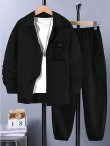 Vacaura 2pcs/Set Teenage Boys' Spring/Autumn Utility Pocket Shirt And Drawstring Waist Cargo Pants, Casual Sports Outfit