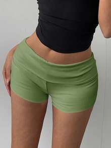 SHEIN BASICS Quần short thể thao bó lưng thấp dệt kim màu trơn thường ngày dành cho nữ - Màu xanh Ô liu - Xem 3