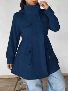 EMERY ROSE Plus Size Hooded Cinched Waist Long Sleeve Jacket With Pockets Fall Winter Cloth For Women Autumn - Navy Blue - View 5