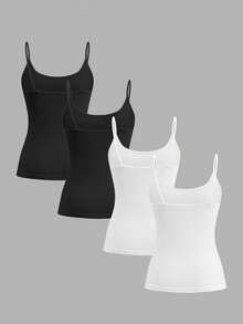 Tseoso 4pcs/Set 95% Cotton Casual Slim-Fit Women's Black And White Camisole Tops Spaghetti Strap Tank Tops. Wearable All Year Round, Basic Style, Suitable For Sports, Gym, Vintage Look, Cute Summer Tops, Soft Girl Style, Summer Outings, Home Wear, Back To School, Fall Women's Clothing, Versatile And Easy To Match. - Multicolor - View 2