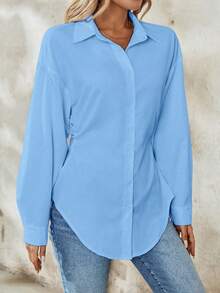 EMERY ROSE Women's Elegant Solid Color Ruched Waist Long Sleeve Blouse, Holiday Wear Women Shirt - Blue - View 4