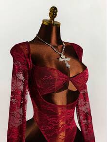 Y2K Amplova Romantic Christmas New Year Thanksgiving Party Red Lace Hollowed-Out Tight Long Sleeves Semi-Transparent Sexy Baroque Style Women's Lace Sexy Semi-Sheer Bodysuit - Burgundy - View 3