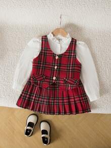 Emery Rose Kids 3 件套年轻女孩优雅金色纽扣背心、荷叶边领衬衫和百褶裙格子套装，适合秋冬季、派对、日常穿着、圣诞节、学校、姐妹装 - 紅白色 - 查看 6