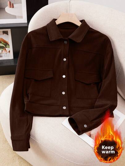 Modelyn 休闲女式短款灯芯绒长袖夹克，香港风格