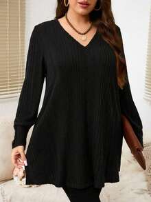 EMERY ROSE Plus Size Casual Solid Color Side Slit Long Sleeve T-Shirt, Versatile For Autumn Fall - Black - View 5
