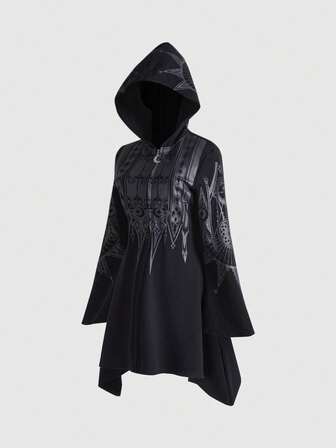 Gothic Palace Style Halloween Castle Print Hooded Flare Sleeve Asymmetrical Hem Fitted Long Sweatshirt For Women