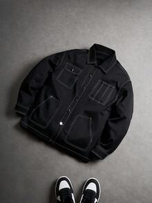 PAVTROS Plus Size Men's Casual Single-Breasted Loose Fit Long Sleeve Black Denim Jacket - Black - View 1