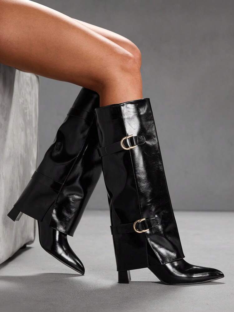 CUCCOO SZL Botas altas de charol negro con puntera puntiaguda y doble hebilla para mujer, de uso urbano