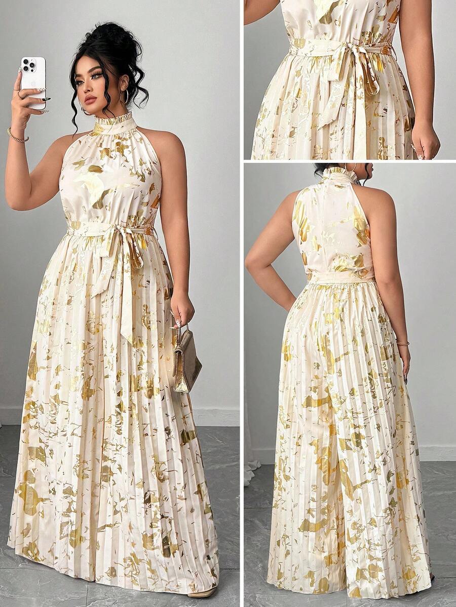 Elenzga Christmas Plus Size Women's Elegant Romantic Gold Foil All-Over Print Sleeveless Ruffle Collar Pleated Wide Leg Jumpsuit With Belt, Suitable For Spring, Summer, Autumn Travel, Vacation, Evening Party, Holiday