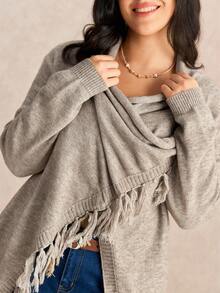 Elenzga Cardigan tricoté à manches longues avec design à franges, grande taille, casual et élégant, pull confortable - Kaki - Voir 4