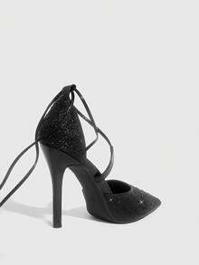 CUCCOO SZL 女士尖头闪光水钻镂空系带高跟鞋，性感迷人派对/宴会/舞台/夜总会鞋 - 黑色 - 查看 9