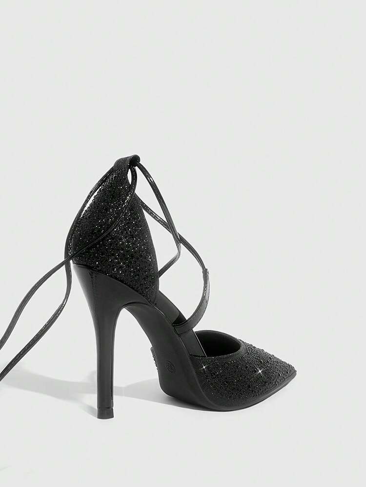 CUCCOO SZL Women's Pointed Toe Glitter Rhinestone Hollow Lace-Up High Heel Pumps, Sexy Glamorous Party/Banquet/Stage/Nightclub Shoes For Christmas Spring Shoes