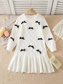Young Girl Round Neck Raglan Sleeve Cable Bow Decor Ruffle Hem Casual Knit Sweater Dress - White - View 3