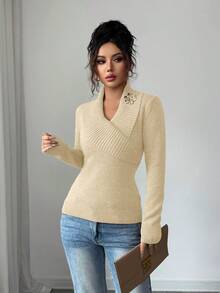 Elenzga Áo len nữ thanh lịch, thoải mái, tay dài, cổ gập, cài nút trang trí, thích hợp cho công sở, mùa thu/đông, áo len nữ, áo chui đầu nữ, áo len nữ, sản xuất tại Ý, Areopostal. - Màu be - Xem 4