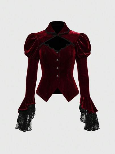 Goth Gothic Style Christmas Palace Bat Collar Cross Pendant Flare Sleeve Velvet Lace Jacket