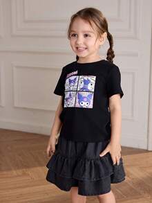 HELLO KITTY AND FRIENDS | SHEIN 少女休闲卡通图案圆领短袖T恤，夏季 - 黑色 - 查看 3