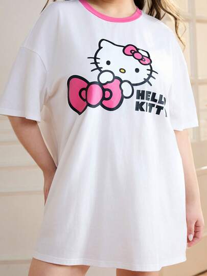 Plusstorlek Casual Katttryck Rund Halsad Nedsänkt Axel T-shirt, Sommar