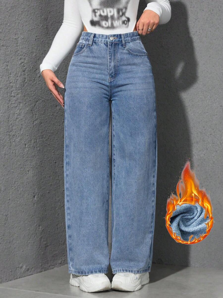 SHEIN ICON 大码女式带口袋保暖内衬阔腿休闲度假水洗牛仔裤