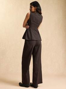 Easelle Conjunto de top sin mangas y pantalones de cuadros tejidos para mujer - Azul Marino - Ver 2