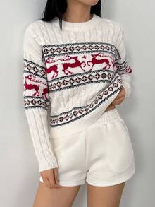 Flirla Women's Casual Reindeer Pattern Round Neck Drop Shoulder Long Sleeve Sweater, Autumn/Winter, Christmas