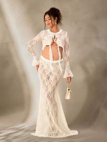 Cheriluna Maternity Sexy Lace Sheer Ruffle Maternity 2 Pieces Photoshoot Outfit - White - View 3