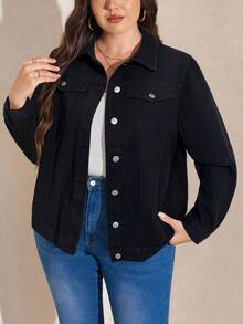 EMERY ROSE Plus Size Women's Casual Loose Denim Jacket With Single-Breasted, Long Sleeve, Autumn - Black - View 7