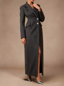 Modelyn 女士优雅简约日常通勤设计金属纽扣和水钻纽扣长腰收腰合身肩部开衩大衣，深灰色，秋冬 - 深灰色 - 查看 3
