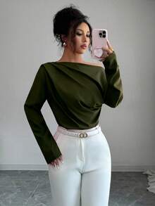 Elenzga 女式秋季新款荷叶边肩长袖衬衫 - 軍綠色 - 查看 3